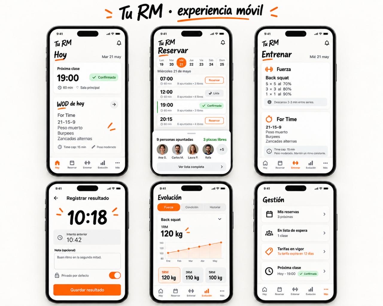 Concepto visual de Tu RM: seis pantallas móviles para ver la próxima clase, reservar, entrenar, registrar un resultado, consultar la evolución y gestionar las reservas. Fondo blanco, letras manuscritas y detalles naranjas.